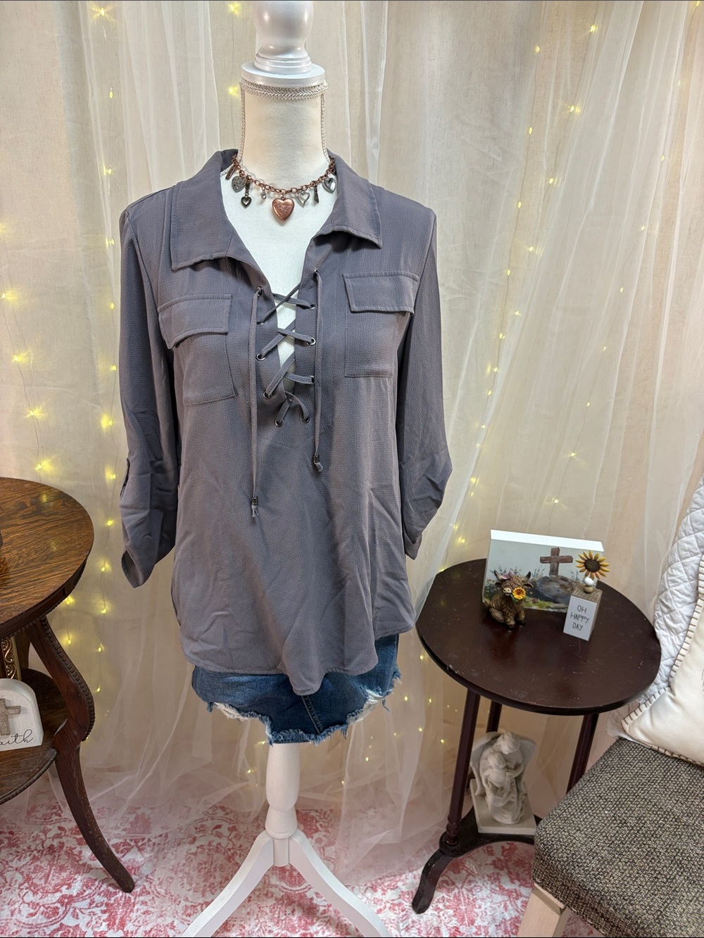 Daytrip Slate Gray Lace-Up Collared Tunic